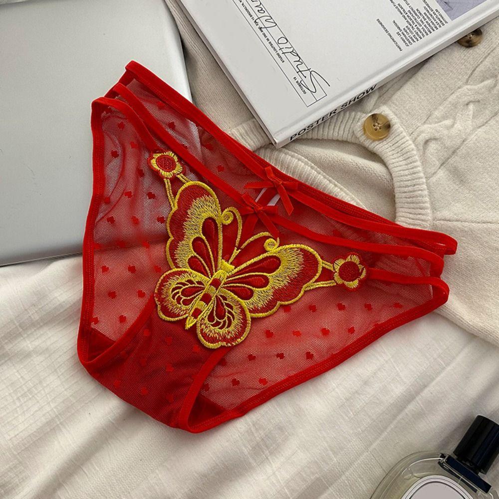 Low-Waist Butterfly Embroidery Bow Underpants Transparent Flower Mesh Slim Panties  Women