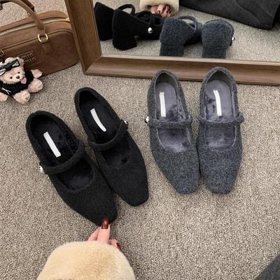 Square Head Gray Thick Heel Single Shoes Women's Winter French Temperament Velvet Evening High Heel Mary Jane Fluffy Shoes