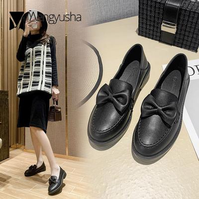 Fashion Preppy Girls Bowknot Oxfords Women Slip On Loafers Retro Small Leather Shoes Woman Winter Plush Round Toe Warm Plush Flats 34-41