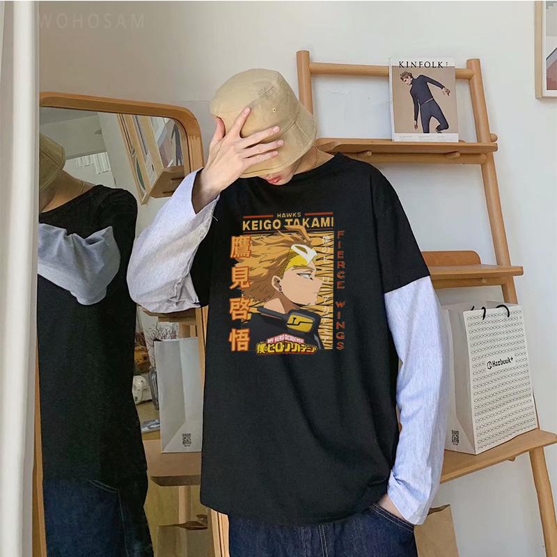 

Harajuku аниме My Hero Academia Takami Keigo Hawks футболки с длинными рукавами забавный мультяшный рисунок унисекс летняя свободная футболка в полоску XXL дымный черный