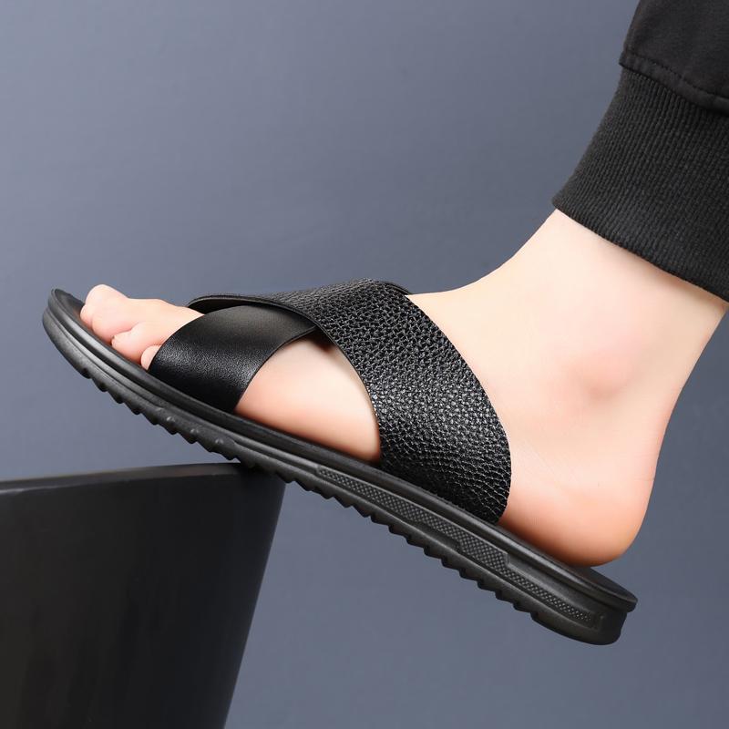 Fashion Classic Design Artificial Leather Slippers Open-toe Non-slip Sandals Man Flats Slides Summer Soft Comfort Beach Vacation Shoes
