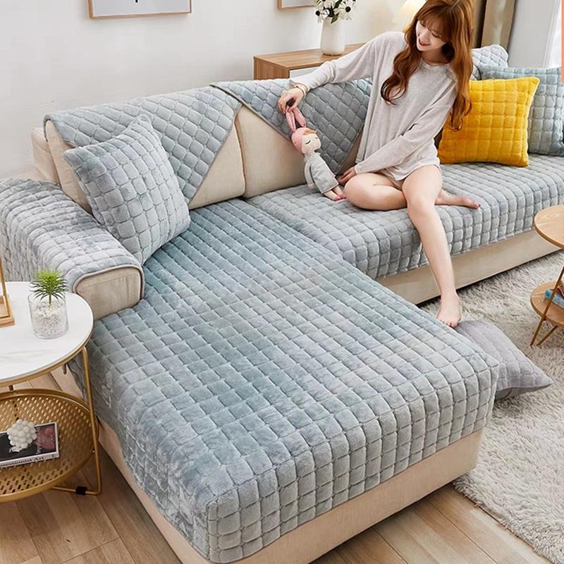 Warm Plush Sofa Cover Winter Thickened Universal Non-Slip Living Room Sofa Cushion Solid Color Velvet Sofa Backrest Armrest Towe