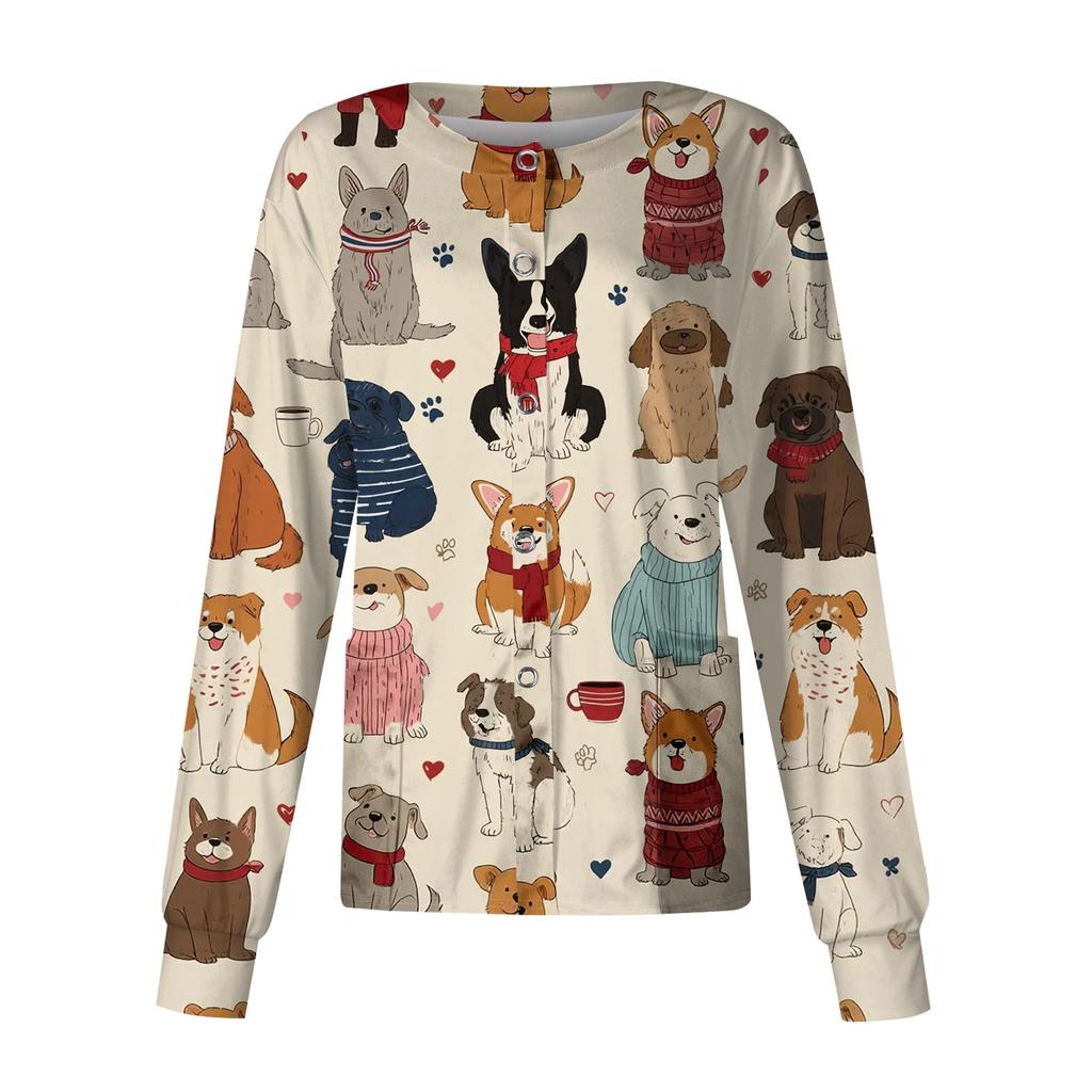 Women's Casual Long Sleeve Single Button Cardigan Animal Print Lightweight Open Front Workwear Top for Caregivers and Professionals