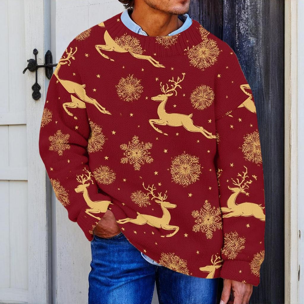 Men's Christmas Print Knit Crewneck Sweater for Fall and Winter Holiday