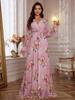 European Chiffon Print Slimming Lantern Sleeve Evening Dress