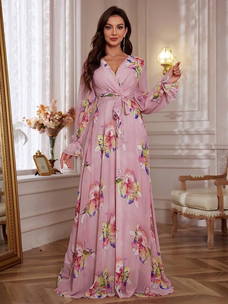 European Chiffon Print Slimming Lantern Sleeve Evening Dress