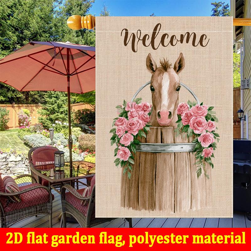 2D Flat - 2D Flat - 2D Flat, 2D Flat Printing 1pc Welcome Wooden Barrel Pink Rose Horse Pattern Print Garden Flag - Double-Sided Garden Flag, Outdoor