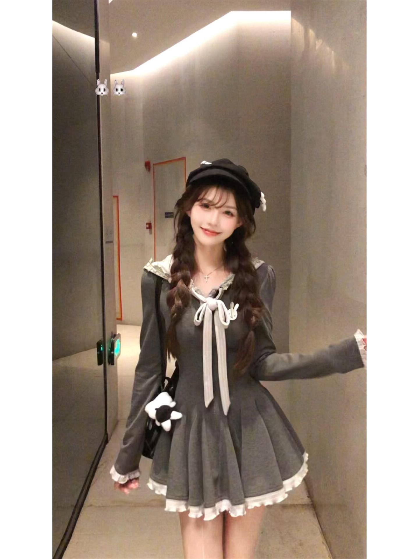 

Retro Slim-Fit Waist-Cinched Petite Long-Sleeve Dress - Winter 2026 Collection XL серый