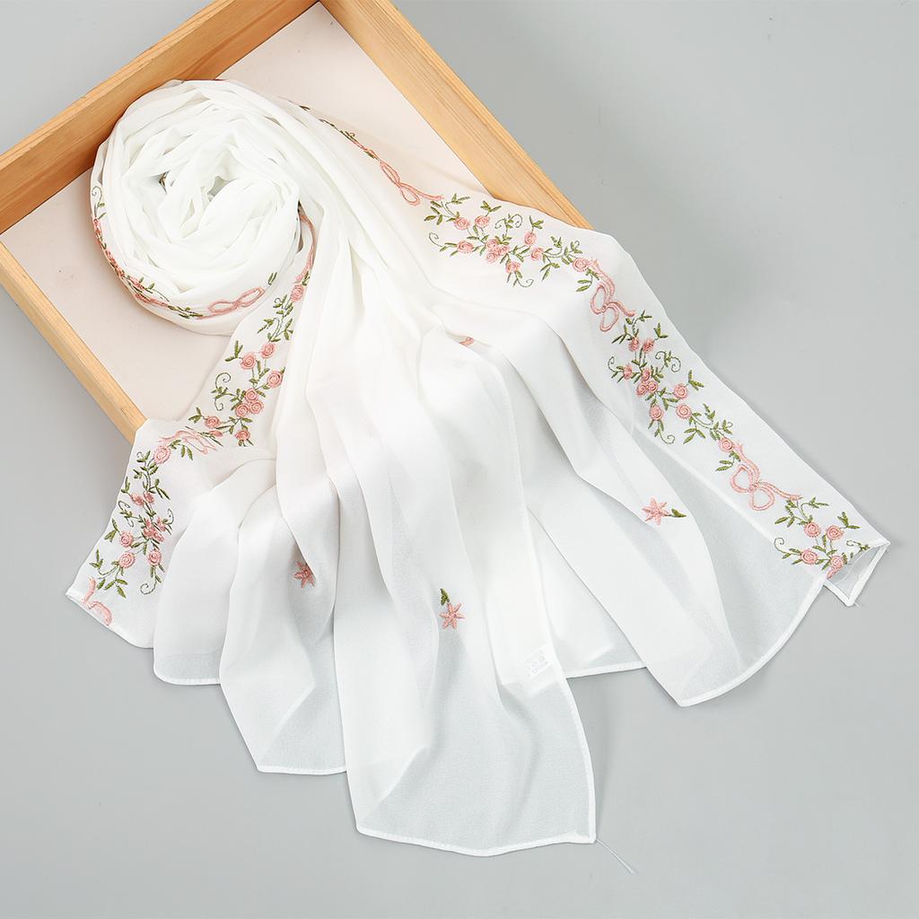 Woman Muslim Chiffon Hijab Scarf Ramadan Long Shawl Floral Embroidery Fashion Islam Solid Turban Headscarf Headwrap170*70cm