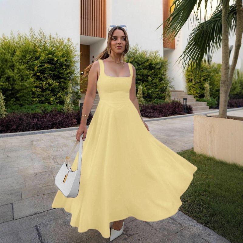 Summer New Women's Clothing Temperament Square Neck Sleeveless Waist Suspender Dress Women