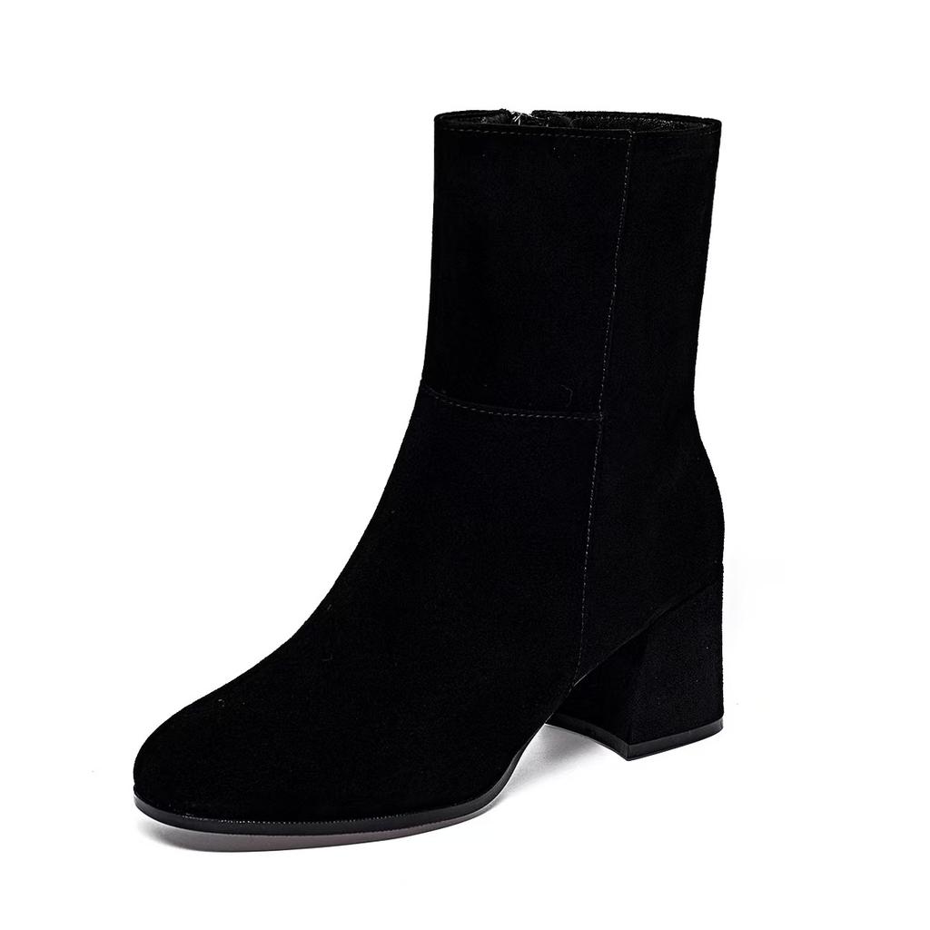 High-heeled Boots Women's Autumn and Winter New Black Thick-heeled Thin Boots Round Head Side Zipper Fashion Boots Leather Boots