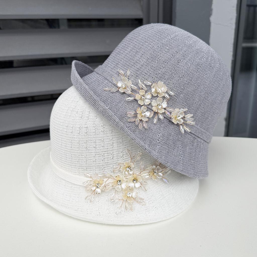 Spring and summer British retro elegant bucket hat fashion sunscreen sun hat women's dome crimped knitted breathable basin hat