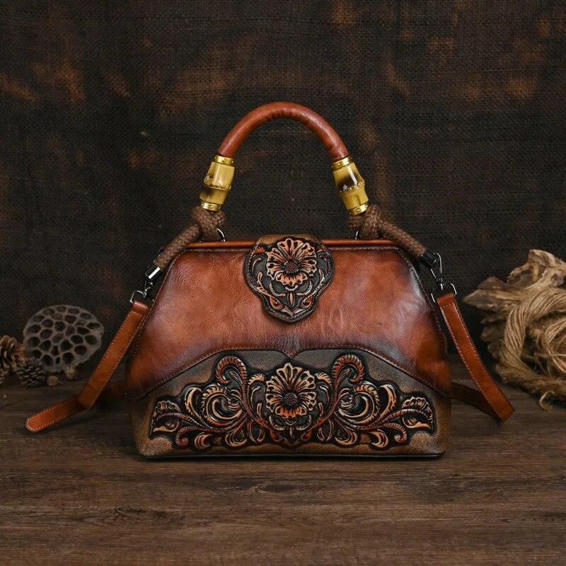 Ladies Luxury Handbag 2024 New Vintage Handmade Leather Carved Women Tote Bag Versatile Female Shopping Shoulder Crossbody Bags
