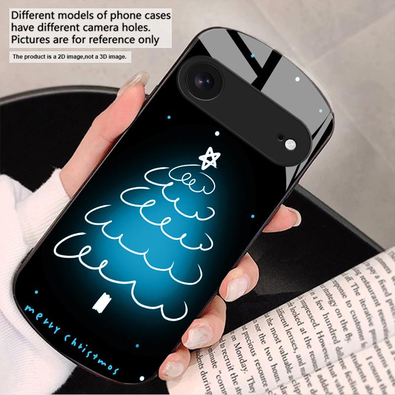 White Line Christmas Tree For iPhone 17 16 15 14 13 Plus 12 Mini 11 Pro Max XR Xs Max X 7 8 6S 22 20 Elliptical Glass Phone Case