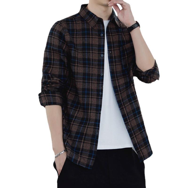 Retro Dark Plaid Long-Sleeve Men's Bottoming Shirt
