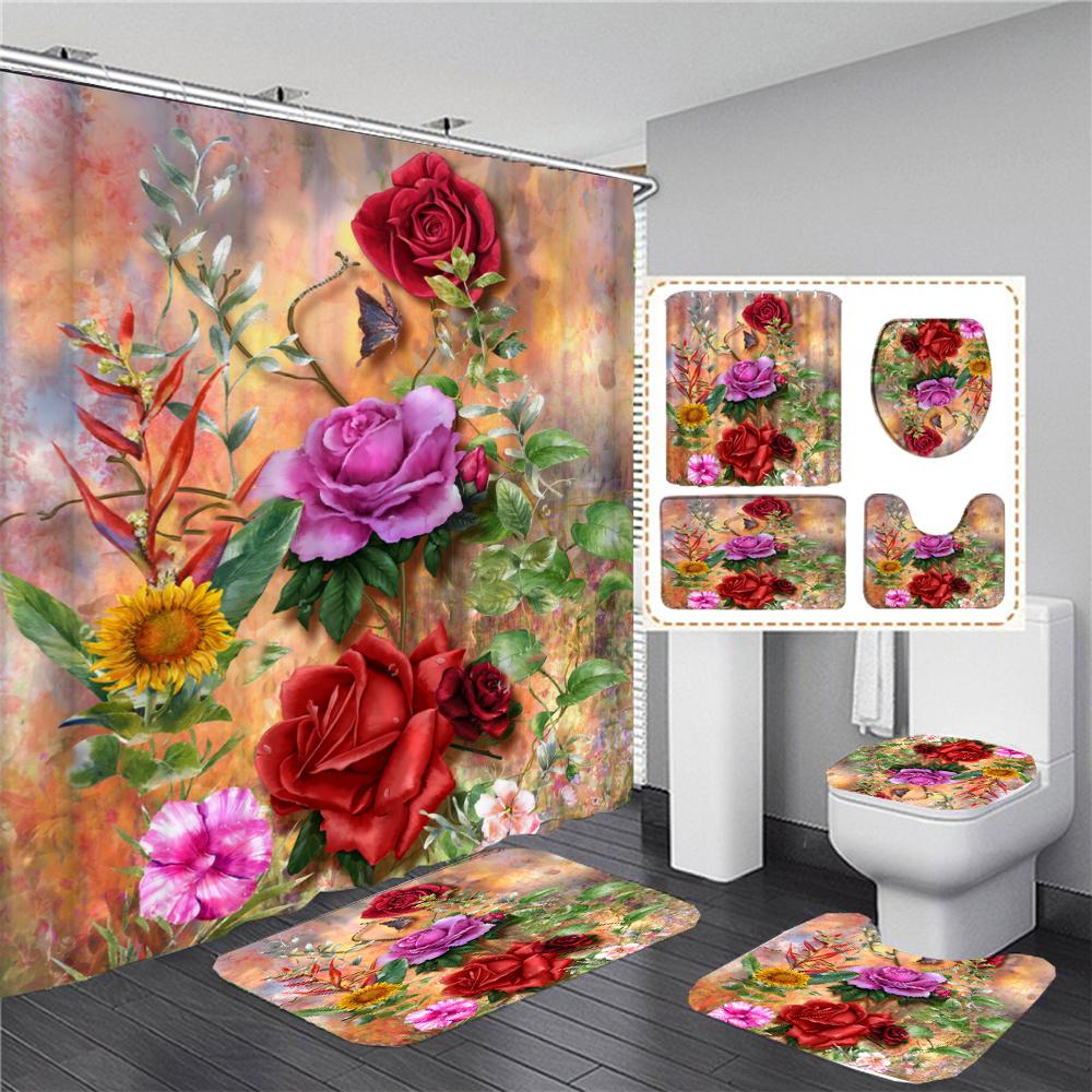 Butterfly Red Roses And Flowers Print Shower Curtain Set Anti-Slip Rugs Toilet Lid Cover Bath Mat  Bathroom Curtains Decoration