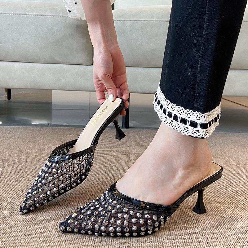 Fashion Women Vintage Pointed High Heel Mule Sandals Rhinestone Embellished Hollow Out Slip On Shoes