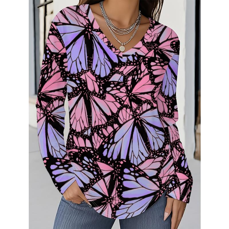 Plus Size Women's Autumn/Winter Arrival Fashion Printed Casual V-Neck Long Sleeve T-Shirt