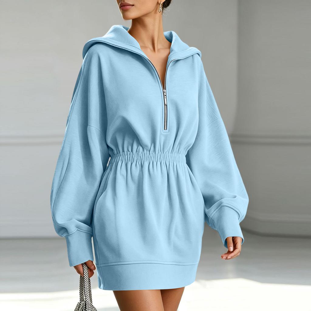 Women's Color Long Sleeve Zip Up Hoodie Dress with Waist