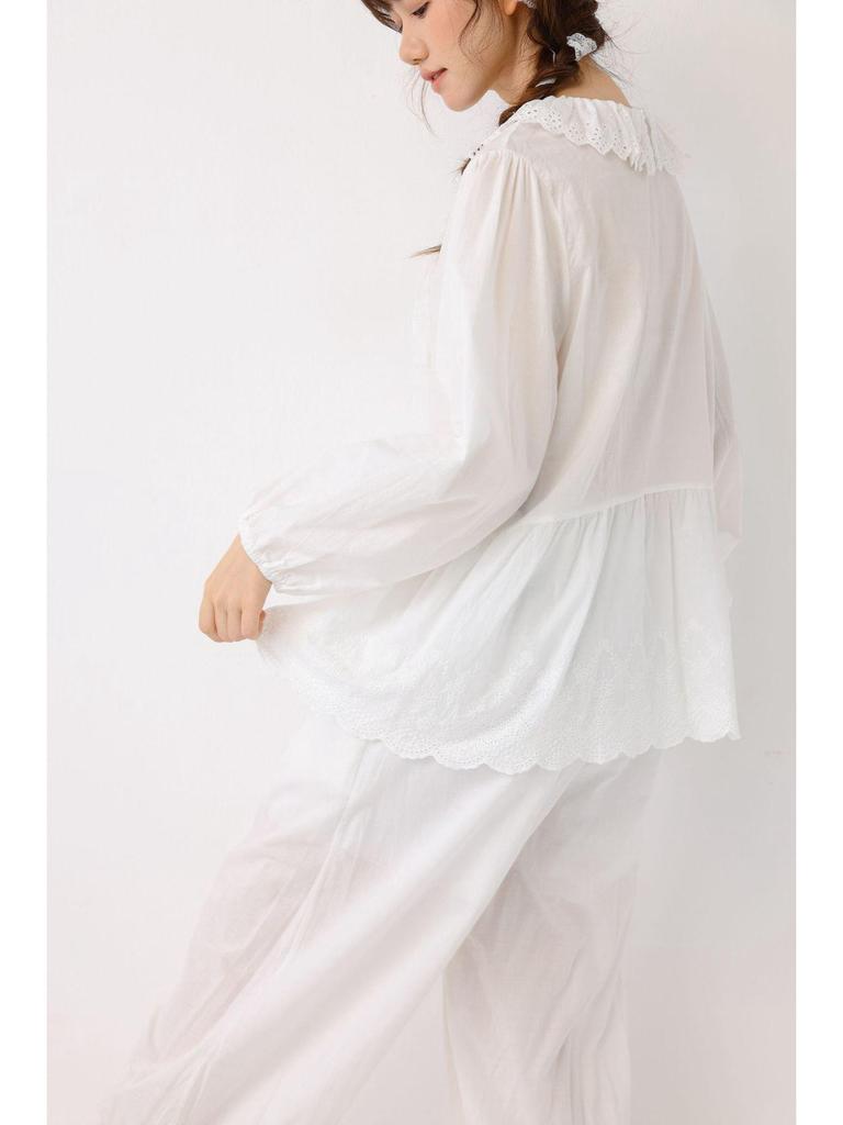 2026 New Style Women's Pure Cotton Long Sleeve Doll Shirt with Lace Collar and Heavy Embroidery