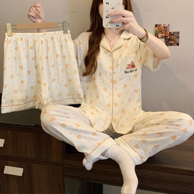Pijama de Verano para Mujer de Algodón Nube de Alto Valor con Estampado de Oso Amoroso, Lindo, para Estar en Casa, Conjunto de Tres Piezas