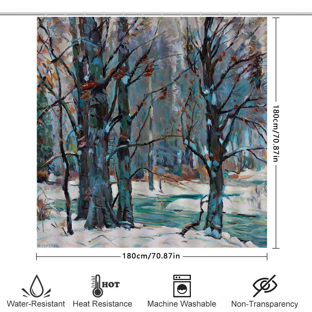 Artistic Bath Curtain Winter Trees Snow Stream Print Decor Shower Liner For Bathroom Home Decoration In Blue Green White Color W