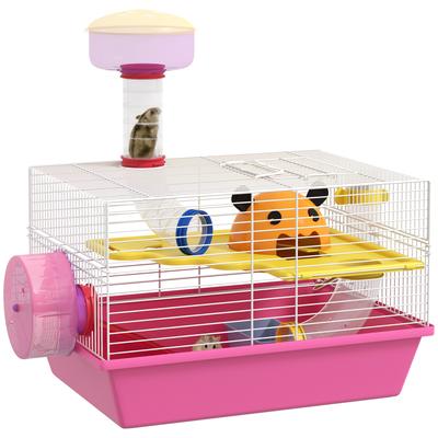 Cage multicolore pour hamster rat rongeur avec plateforme, biberon, roue, petite maison, 34 x 27 x 25 cm, rose