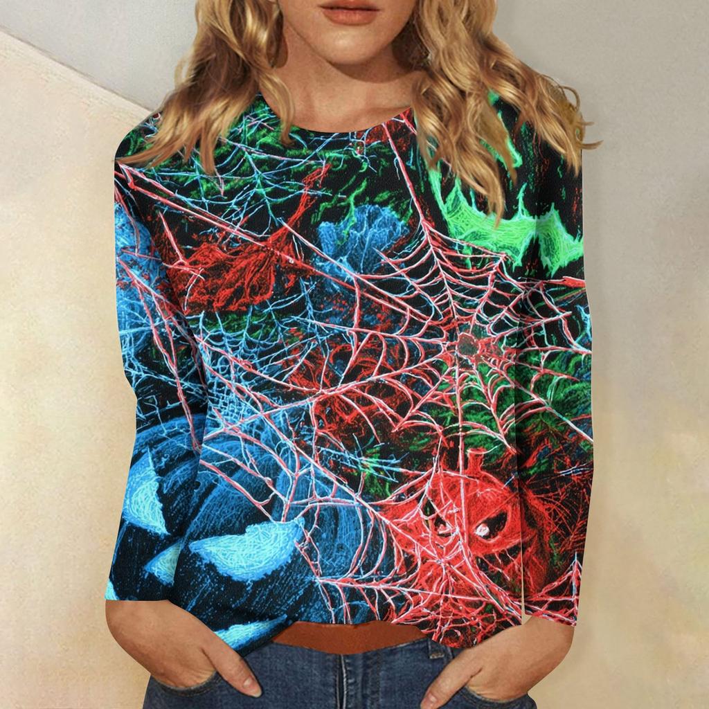 Women's Long-sleeved Loose-necked Halloween Print Casual Top, Suitable for Holiday Parties