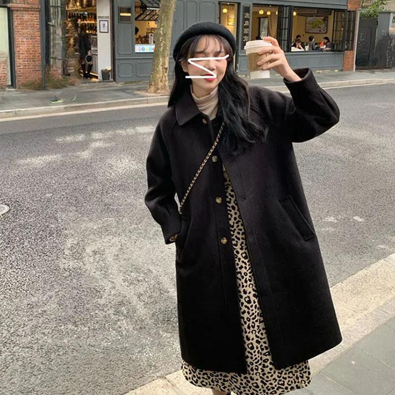 Jachetă lungă, neagră, caise, pentru femei, groasă de iarnă, în stil coreean, catifea, de lungime medie, de lână, jachetă solidă pentru damă de birou