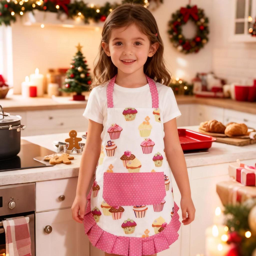 ASPMIZ Cupcake Kids Apron, Pink Baking Bib Apron for 2-6 Years Child, Cute Chef Apron with Pockets for Gardening Painting, Adjustable Kitchen Apron