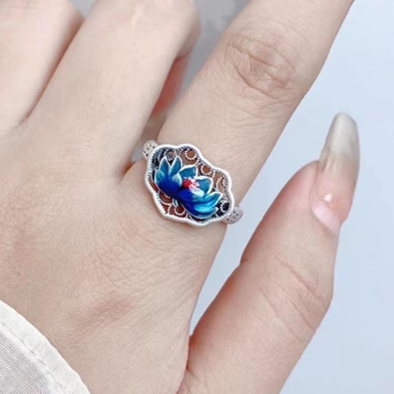Adjustable Blue Lotus Hollow Ring - Retro Style, Burned Blue Drip Craft, Versatile for Index Finger
