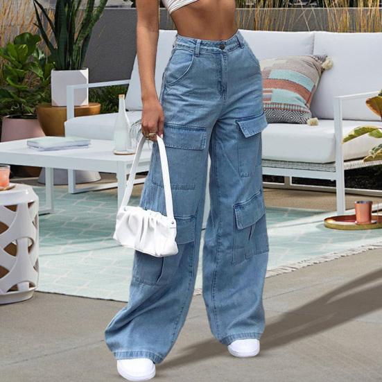 Women Jeans High Waist Button Zipper Fly Straight Wide Leg Denim Pants with Multi Pockets Design Solid Color Denim Trousers