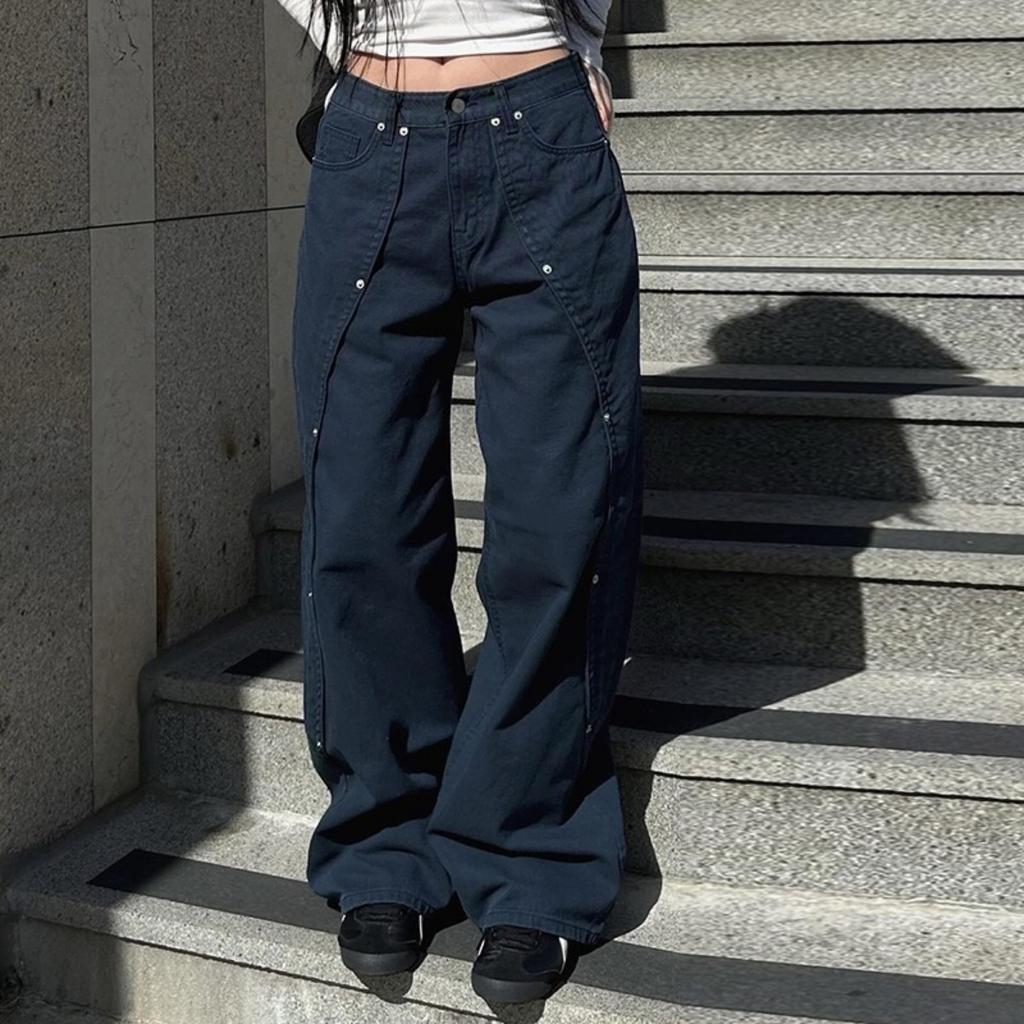 LUXEON Casual Loose Rivet Jeans Wide Leg Pants Basic Low-Waisted Straight Pants Women Streetwear