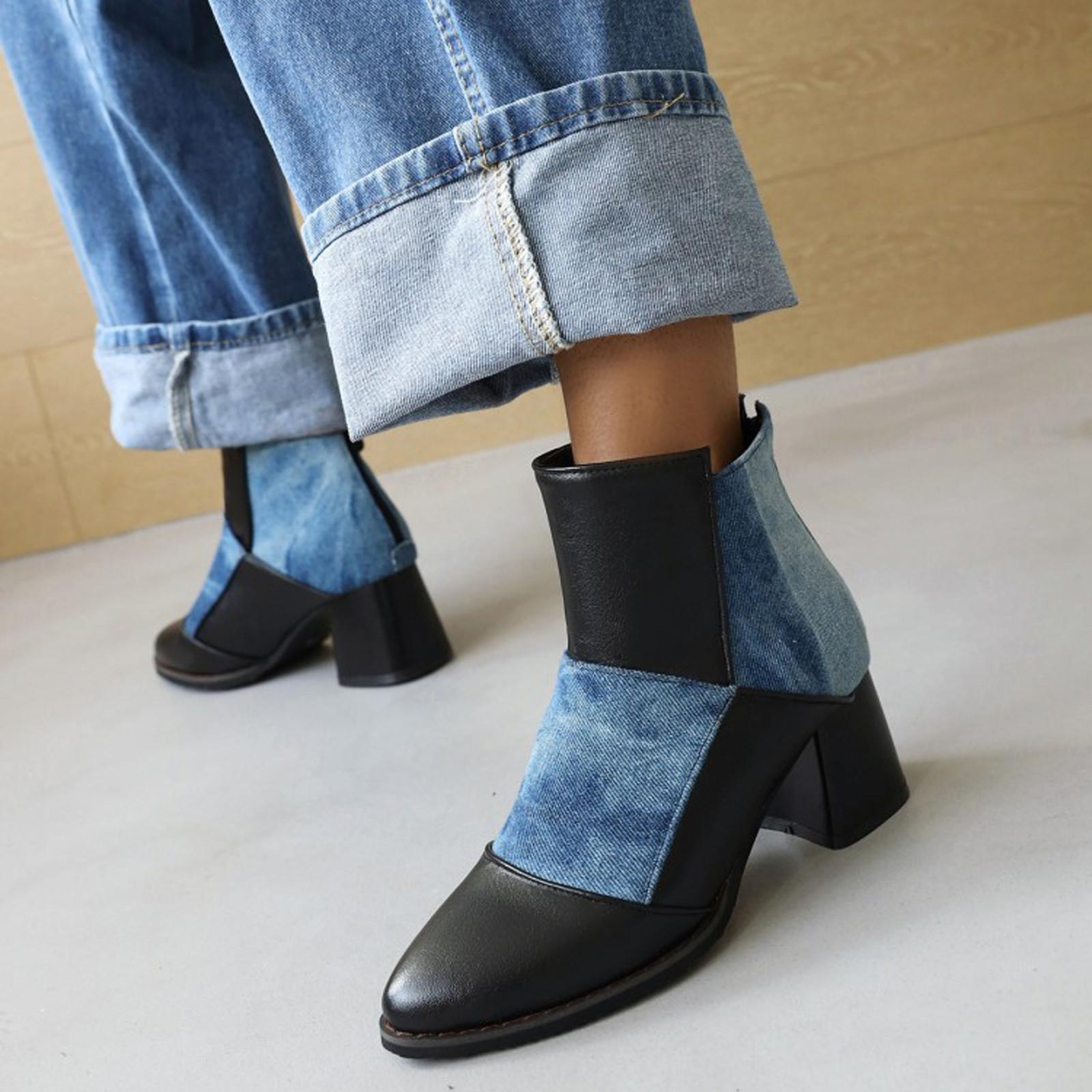 Модная женская обувь осенние и зимние кожаные ботинки на высоком каблуке с заостренной молнией сзади одинаковые по цвету ботинки 36 синий 3898₽