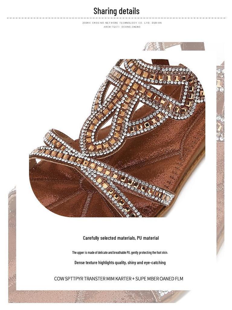 IELTS Run Plus Size Rhinestone Bohemian Sandals - Women's Summer Flat Hollow-Out Shoes