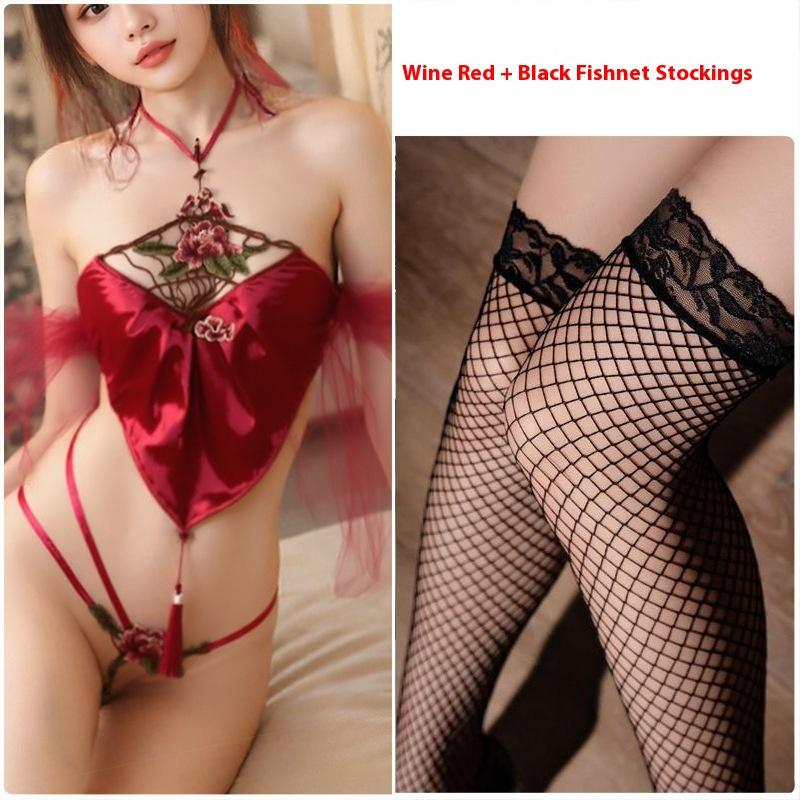 Sexy Underwear Neck Strap Adult Belly Pocket Pajamas Embroidery Pure Lust Seduction Flirting Mature Young Woman Bed Tease