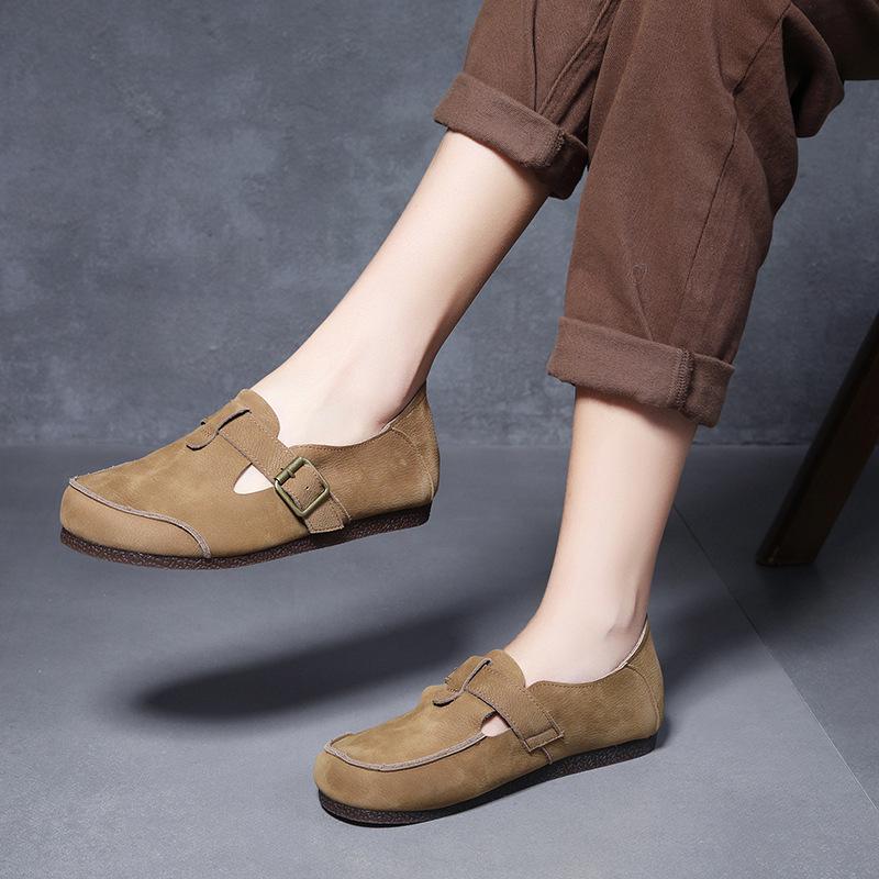 Handmade Genuine Leather Retro Style Women's Round Toe Flat Heel Single-Strap Shoes