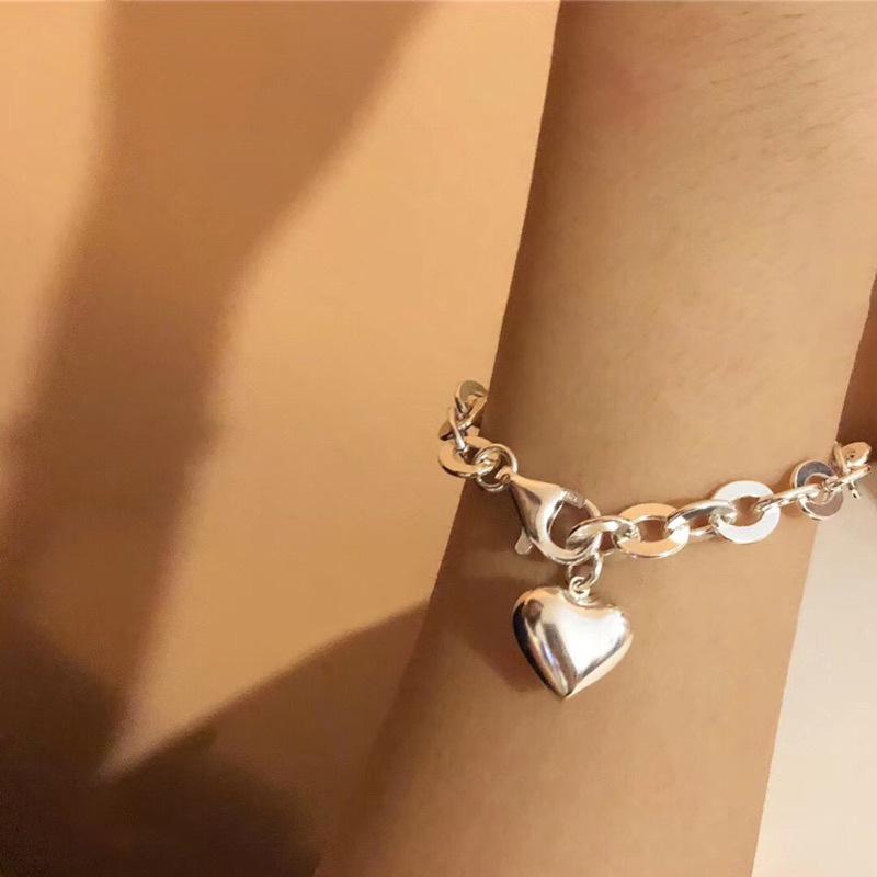 Korean 925 Sterling Silver Heart Peach Bracelet with Hollow Round Chain Design - Women's Clubbing Jewelry