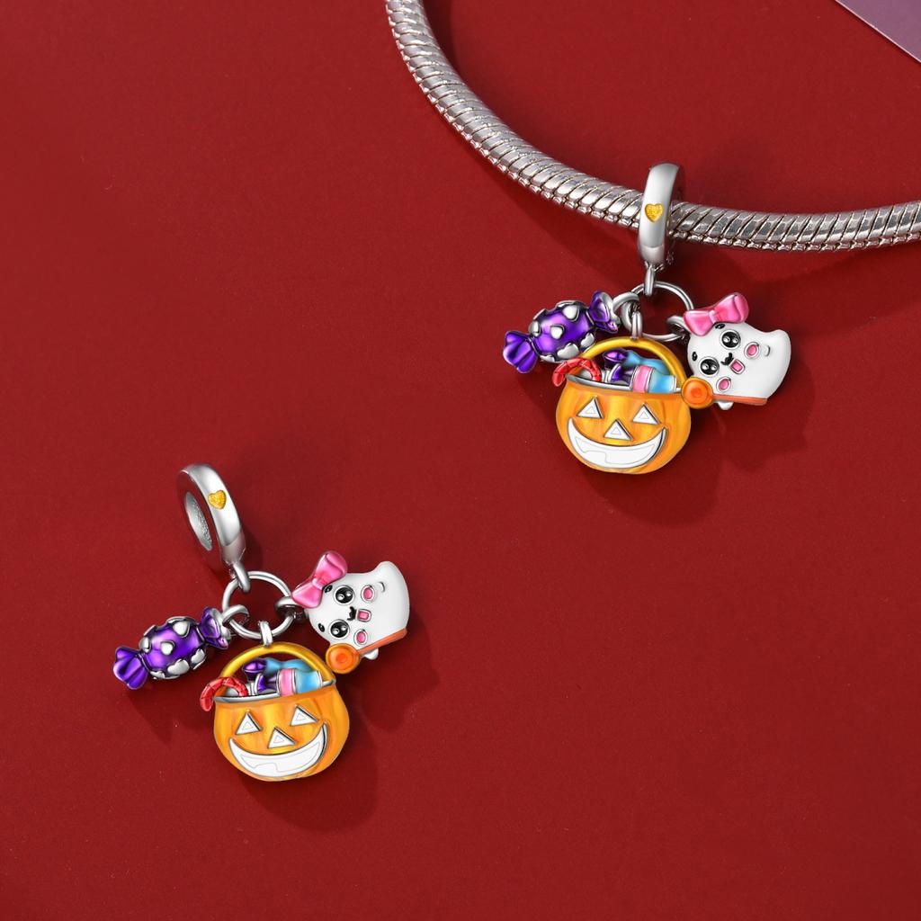 925 Silver Pumpkin Head Beads & Flying Witch Dangle Charm Fits Bracelet Halloween Pendant Accessories Gifts