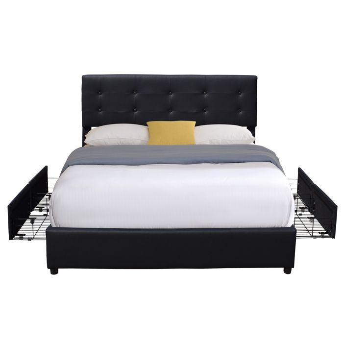 Chloe - Solid and Comfortable Bed 140x190 with Base with 4 Drawers BLACK Headboard 4 Cm Feet