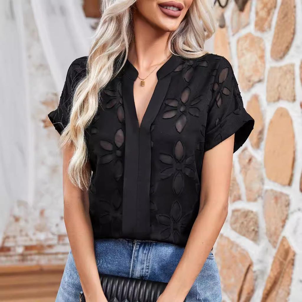 Ladies Summer Short Sleeve V Neck Mesh Hollow Solid Color Pullover Shirt Top
