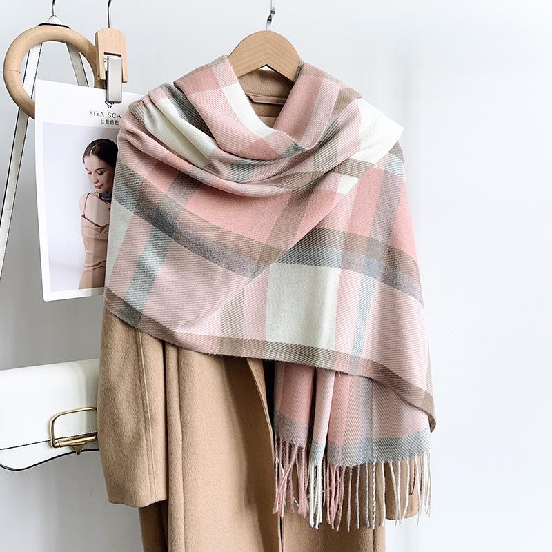 Women S Blue Plaid Faux Cashmere Scarf Warm Neck Wrap For Winter