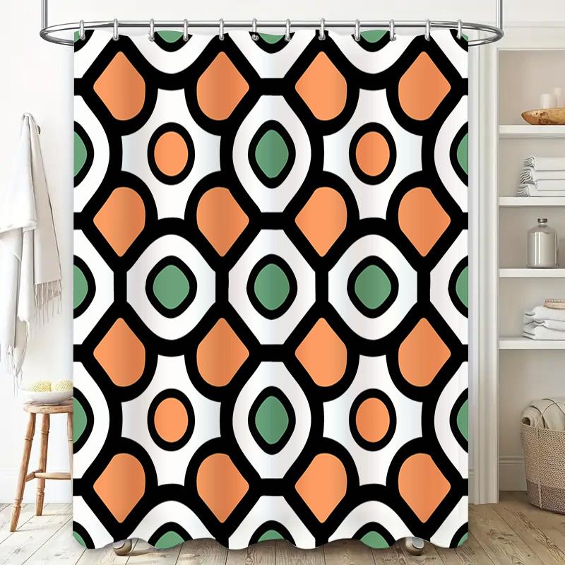 Modern Geometric Shower Curtain Set With Orange Green Black Pattern Bathroom Decoration Waterproof Fabric 72X84 Inch