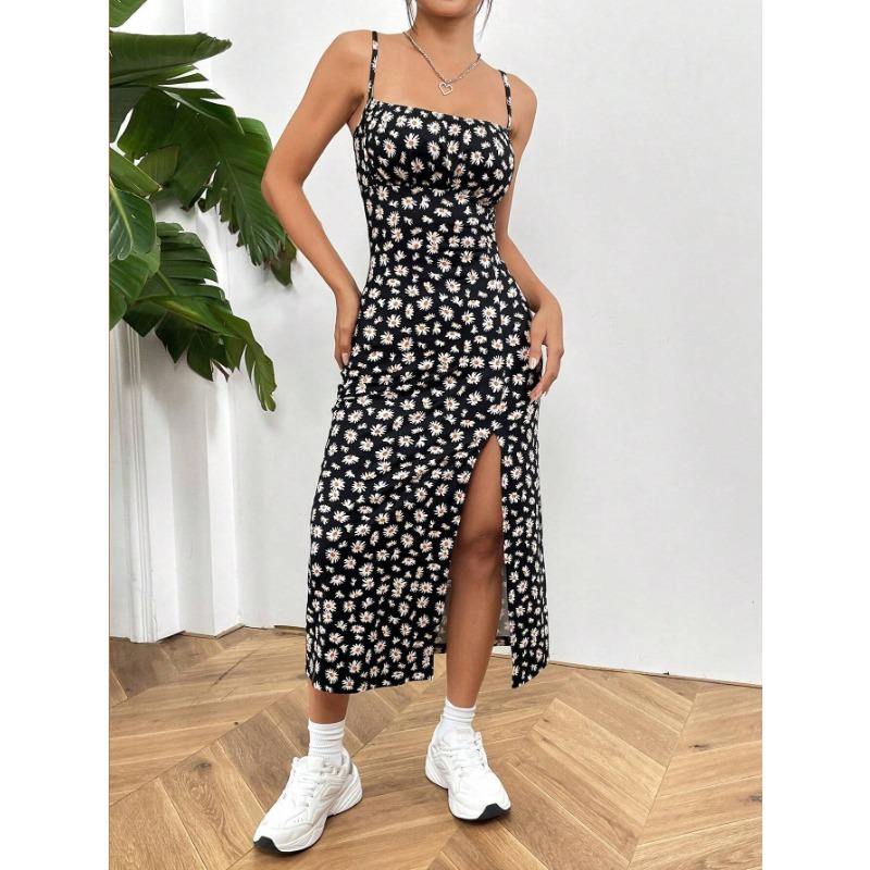 

Женские повседневные платья весна-лето на бретелях с высоким разрезом и принтом маргариток S чёрный