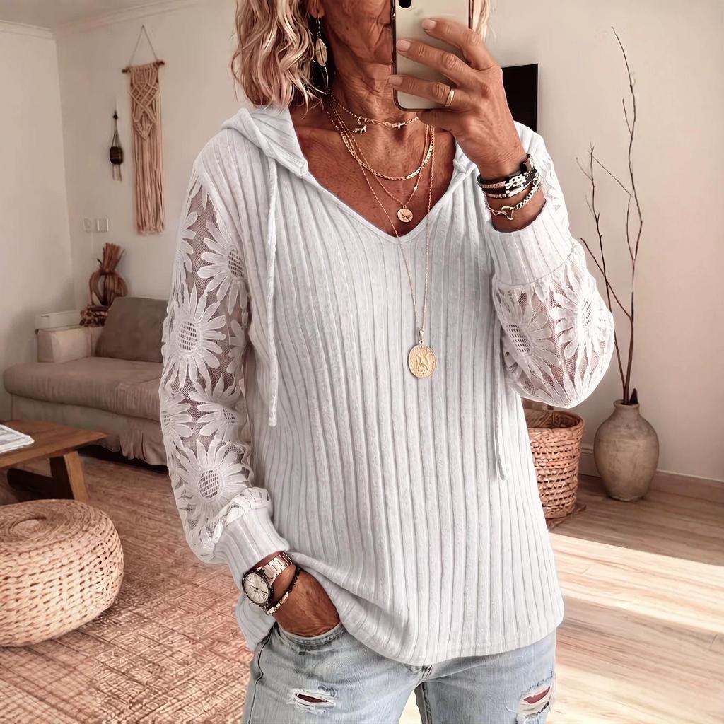 Hooded Lace Knit Solid Color Casual Sweater for Women