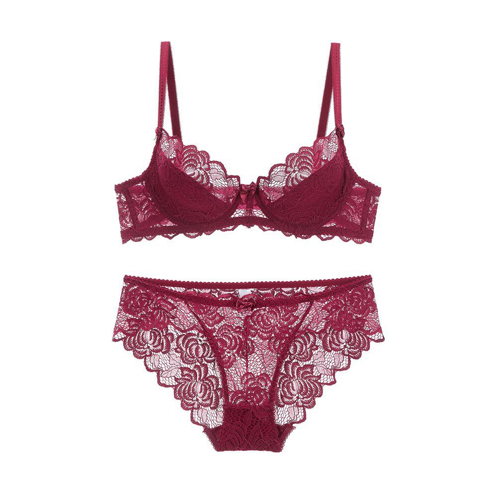 European and American Bra Set with Underwire and No Sponge Thin Double-layer Mesh Lace Underwear