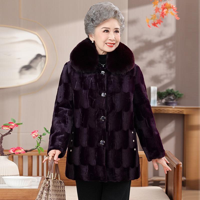 

Winter women s imitation fur fleece thickened coat old lady imitation mink cotton coat 5XL (recommended 145-80 kg) фиолетовый