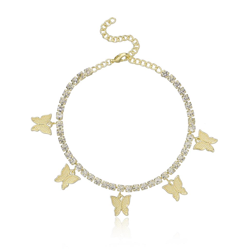 Explosive 4mm Shiny Rhinestone Anklet for Women, Fashionable Metal Butterfly Beach Feet