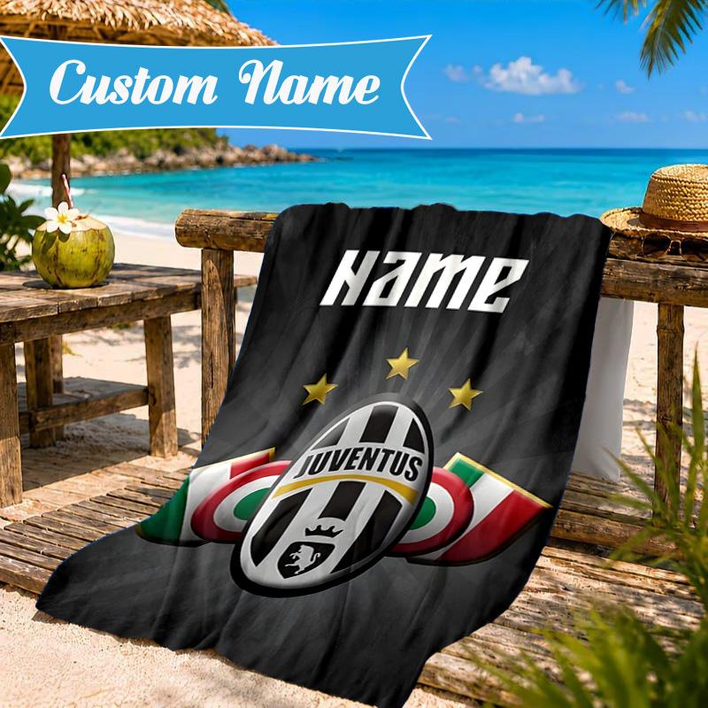 Custom Name Beach Towel Juventus FC Crest Design Microfiber Beach Towel, Lightweight for Summer Travel, Swimming Pool Fan Birthday Gift