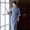 Blue Inverted Large-sleeved National Style Chinese Long Autumn Long-sleeved Cheongsam Improved Young Women's High-end Sense Retro Spring and Autumn